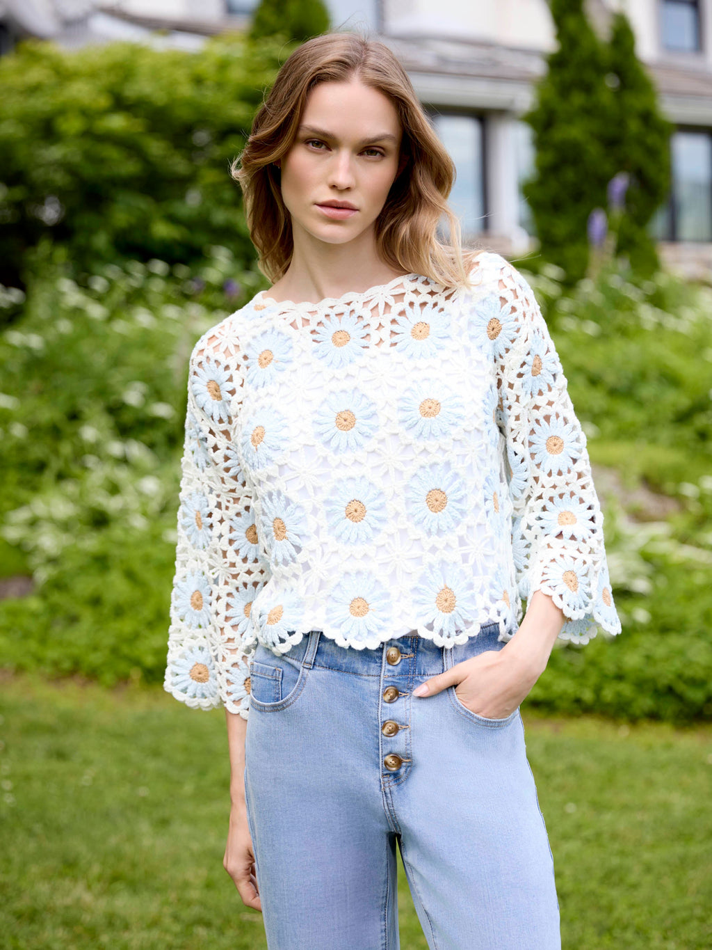 Floral Hand-Crochet Sweater - Powder