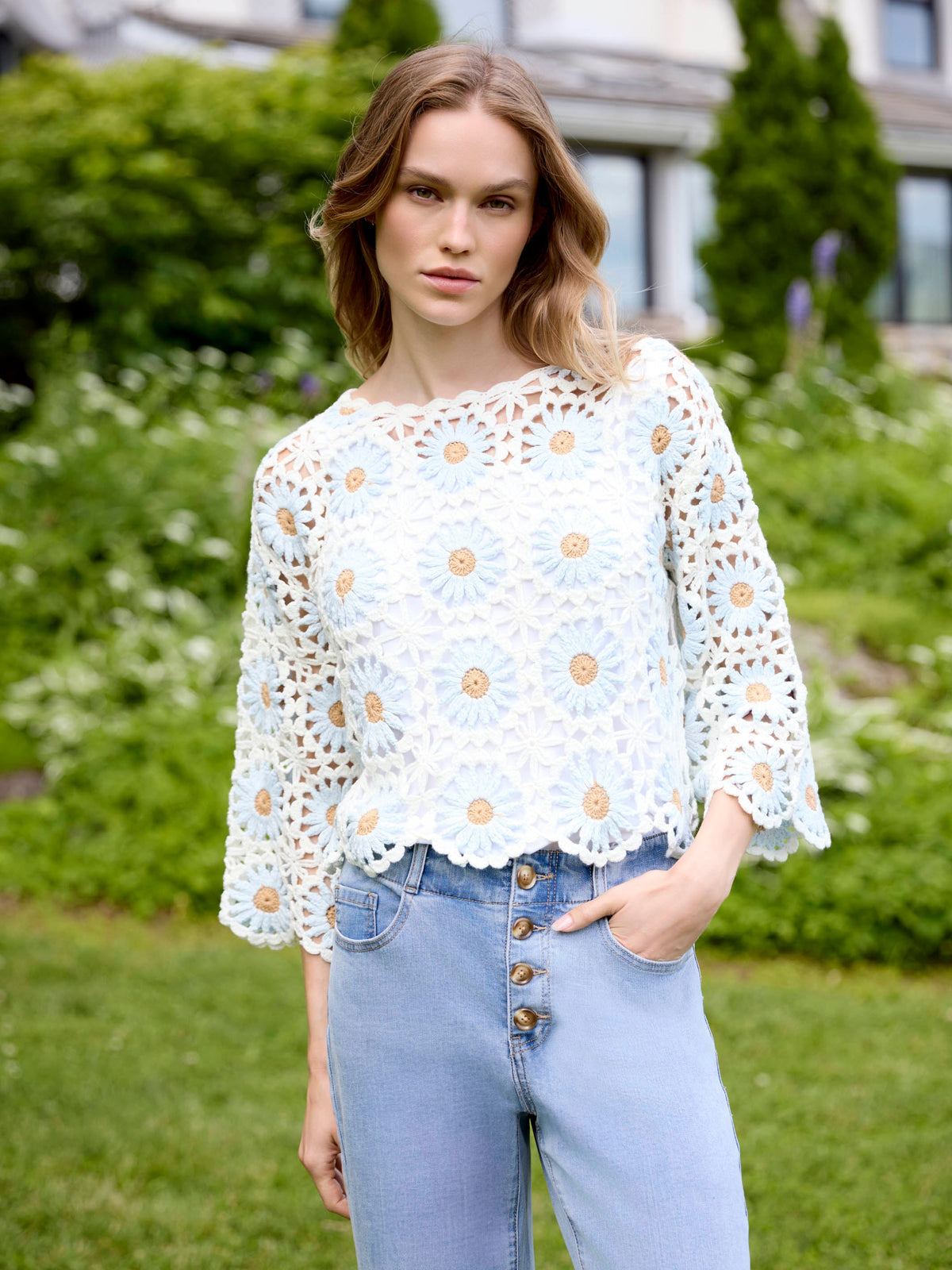 Floral Hand-Crochet Sweater - Powder