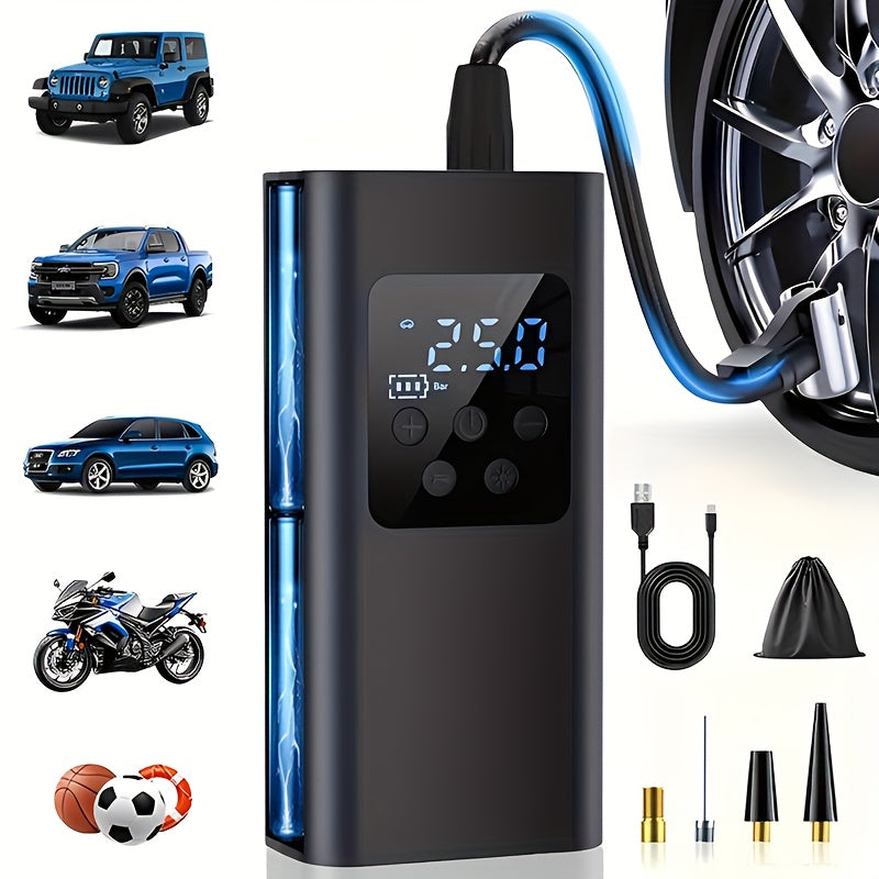 Portable Digital Tire Inflator with - Rechargeable Battery & Emergency Power Suitable for Cars, Motorcycles,, Balls - Mini Wireless Air Compressor with Built-in Pressure Gauge, LED Light, Handheld Pump for Outdoor, Sports Gift