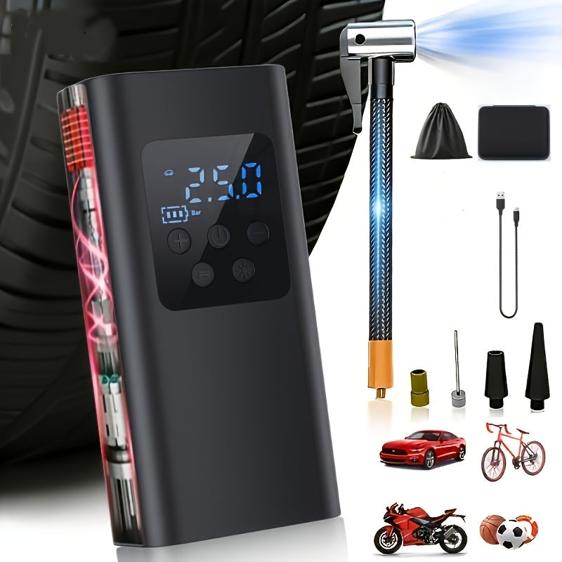 Portable Digital Tire Inflator with - Rechargeable Battery & Emergency Power Suitable for Cars, Motorcycles,, Balls - Mini Wireless Air Compressor with Built-in Pressure Gauge, LED Light, Handheld Pump for Outdoor, Sports Gift