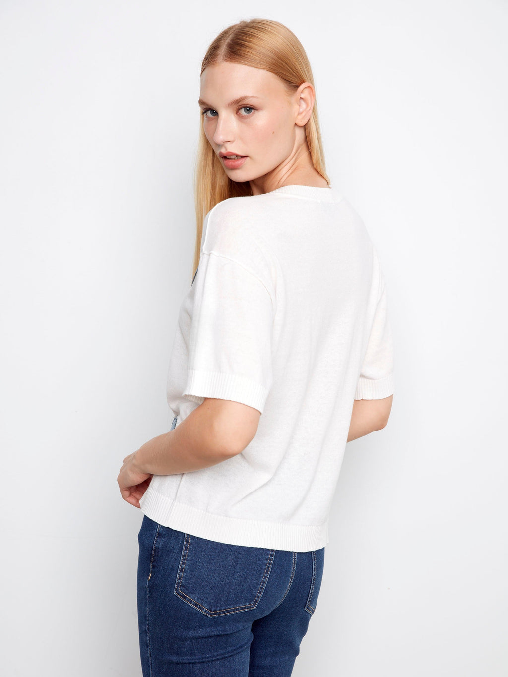 Short Sleeve Denim Hearts Sweater - Hearts