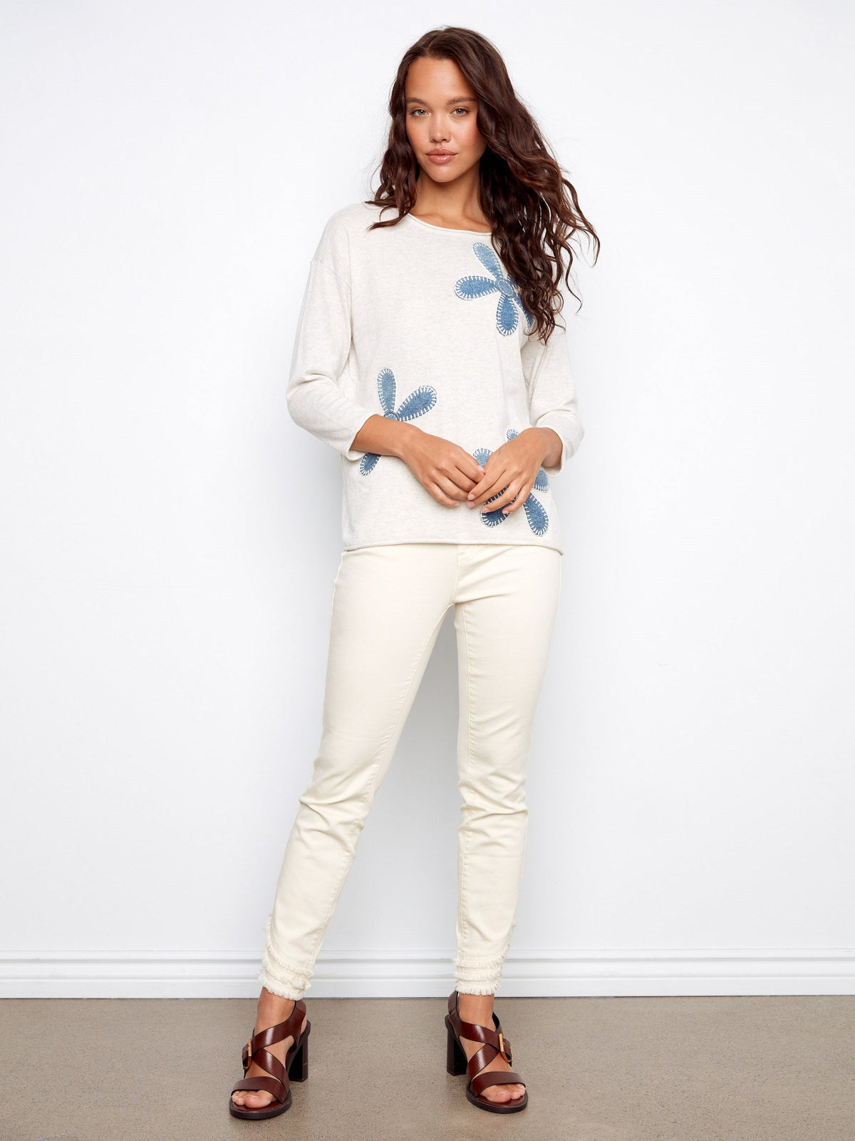 Floral Denim Patch Sweater - Heather Oat