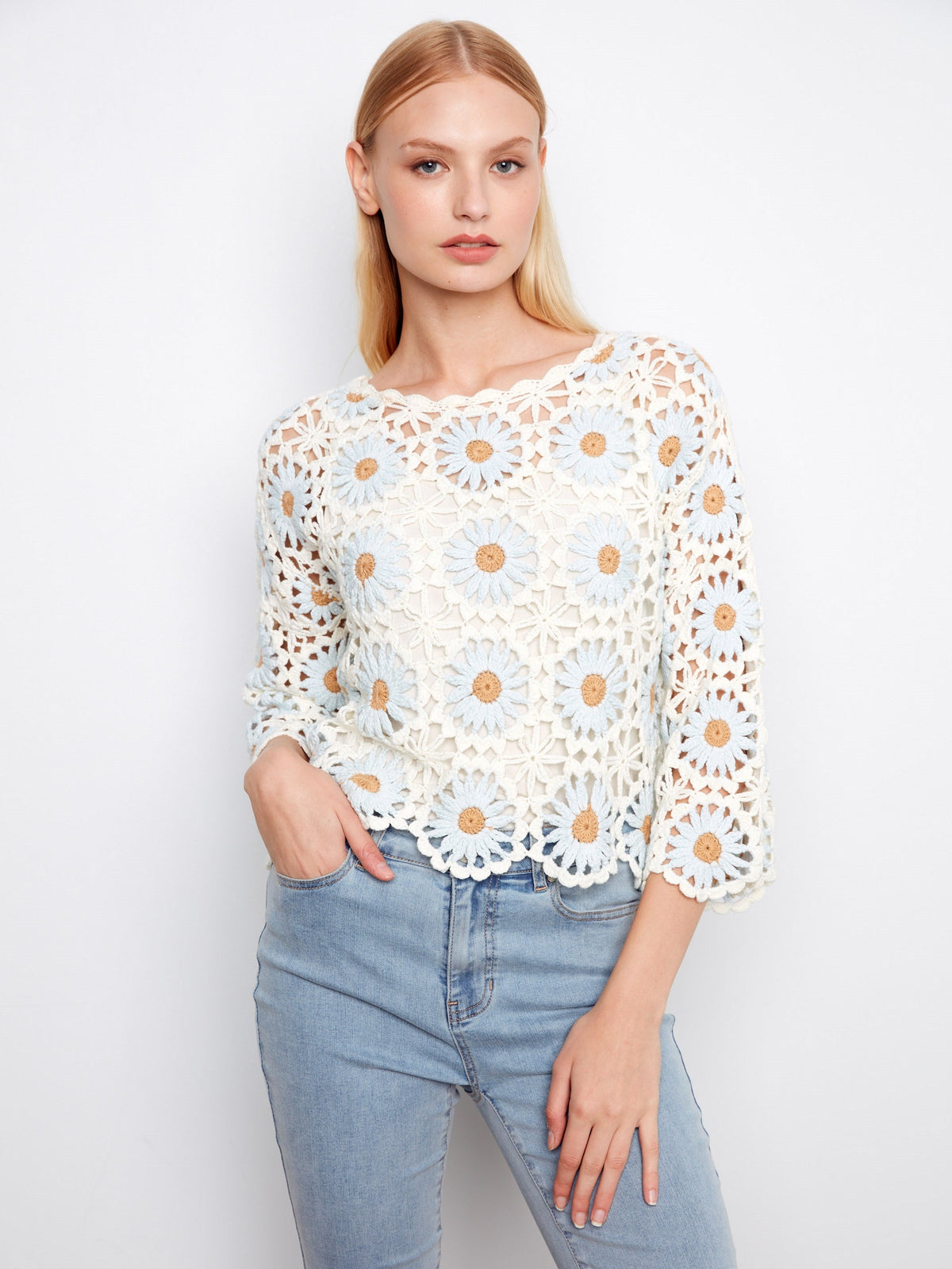 Floral Hand-Crochet Sweater - Powder